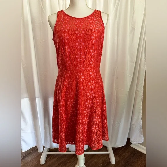 nine west orange dress Nine West Shift Dress Womens 10 Orange Sleeveless Eyelet Pattern